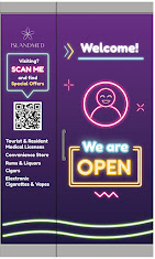 The Shop neon entrance — Welcome We Are Open