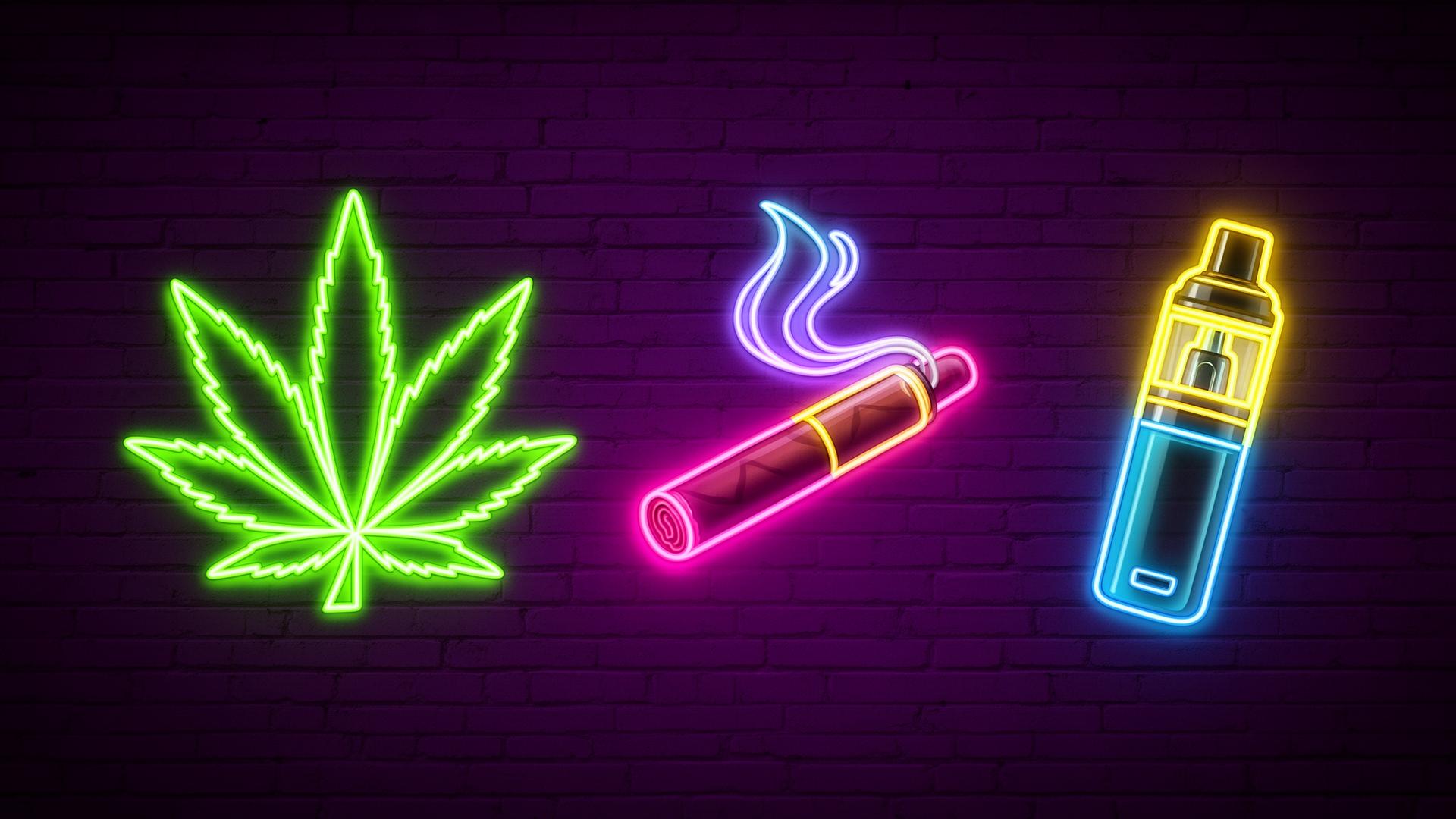Neon cannabis leaf, cigar, and vape signage
